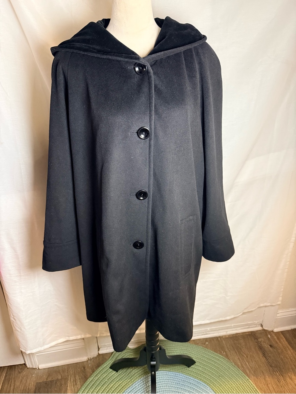 Forecaster of Boston Wool Coat 20W Black Hooded Swing A Line Plus Size Vintage